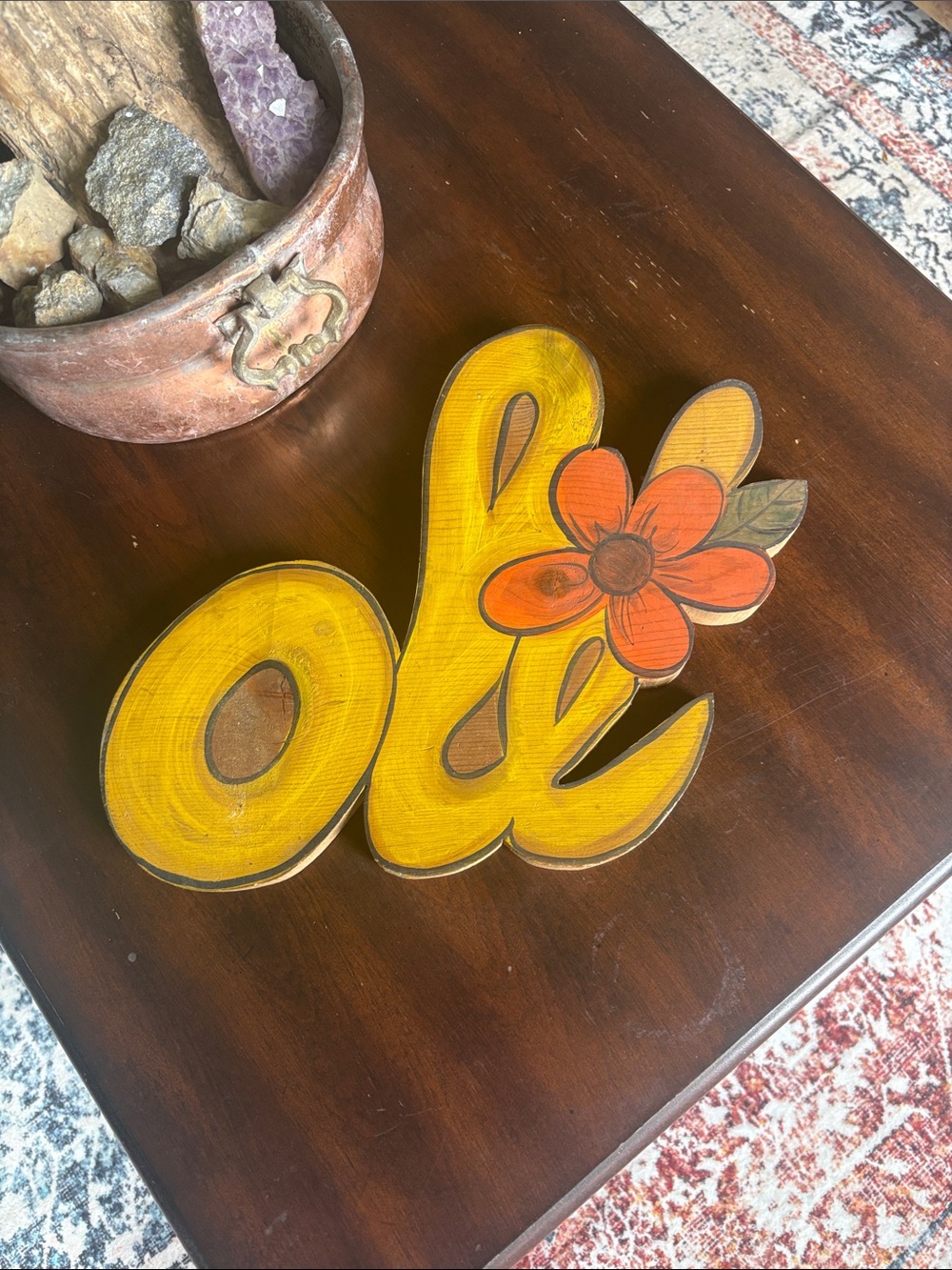 Handpainted 'Ole' Wood Sign with Flower - Yellow & Orange